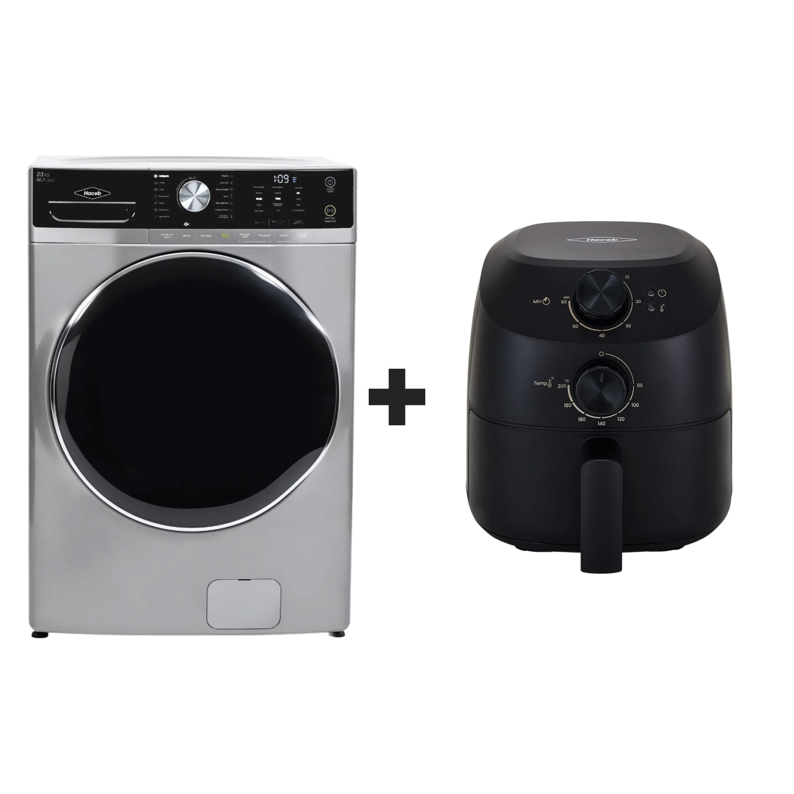 Combo Duo Hogar Eficiente: Lavadora Carga Frontal 23kg + Freidora de Aire 2 L