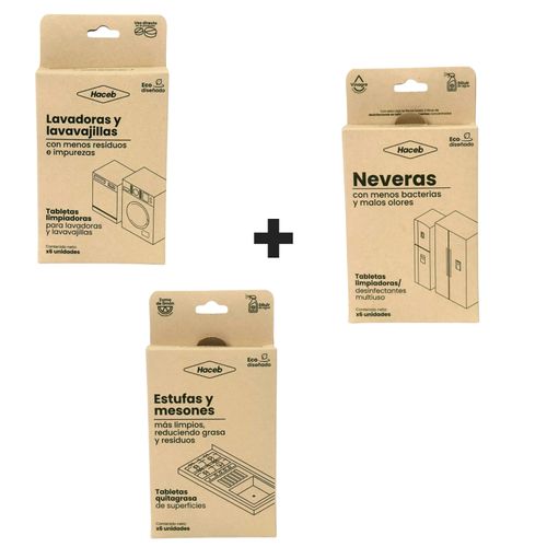 Kit Cuidado del Electrodoméstico:Tabletas limpia lavado/lavavajillas + Tabletas limpia desinfecta multiuso + Tabletas quita grasa de superficies